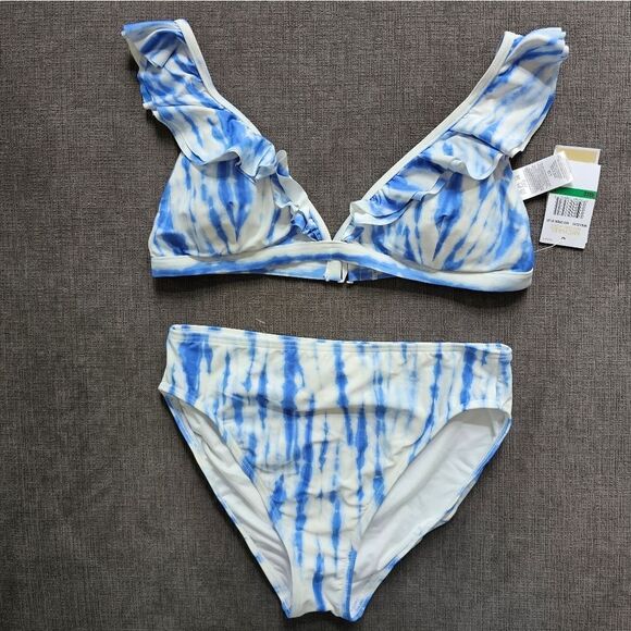 Michael Kors blue and white Ruffled bikini top & high-rise bottom swimsuit large